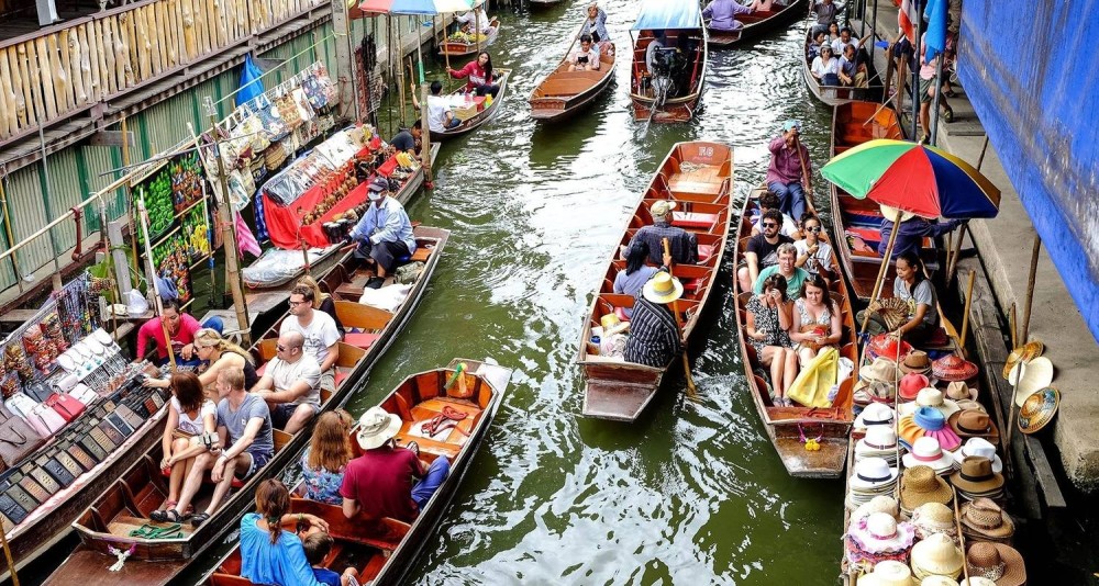 Damneon Saduak Floating Market & Erawan Waterfall from Bangkok | ®ExcursionMania